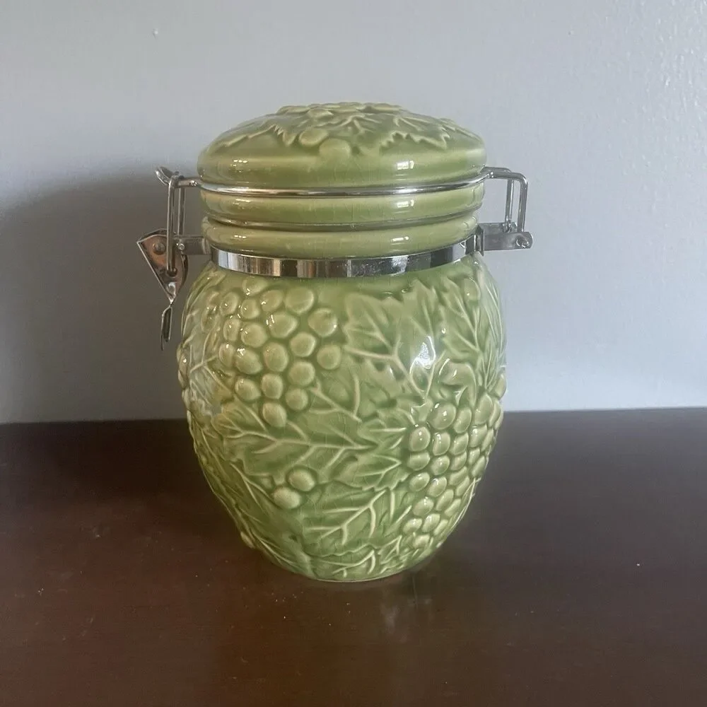 Vintage Majolica Style Green Ceramic Canister With Clasp And Grapes Design 7.5in